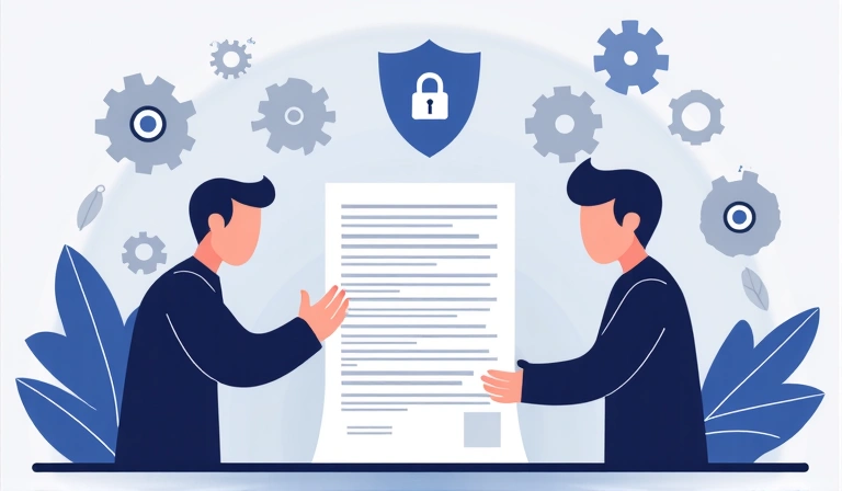 Ilustración de personas leyendo un documento legal con un fondo de engranajes y símbolos de privacidad.