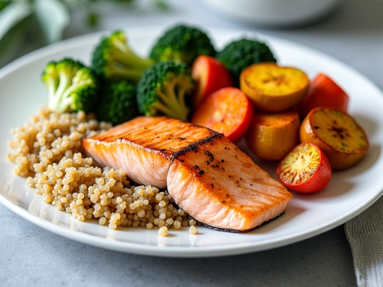 Una colorida y equilibrada ración de comida saludable en un plato.