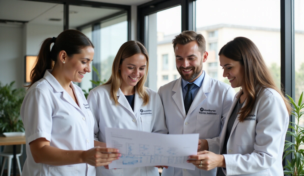 Equipo de nutricionistas de NutriVida Saludable sonriendo y colaborando en un espacio de oficina moderno y luminoso.