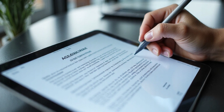 Imagen de una persona firmando un documento legal en una tableta digital.